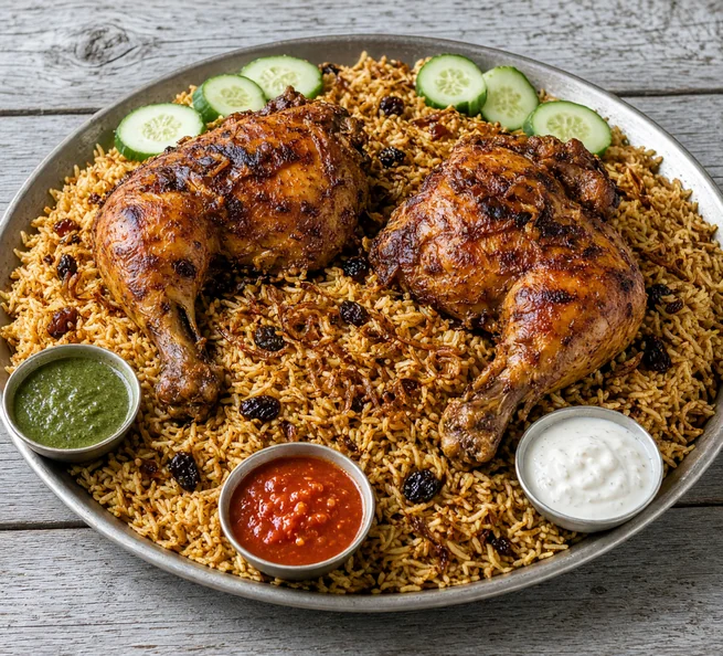 Mandi with roasted chicken, chutneys and garlic sauce on a shared platter