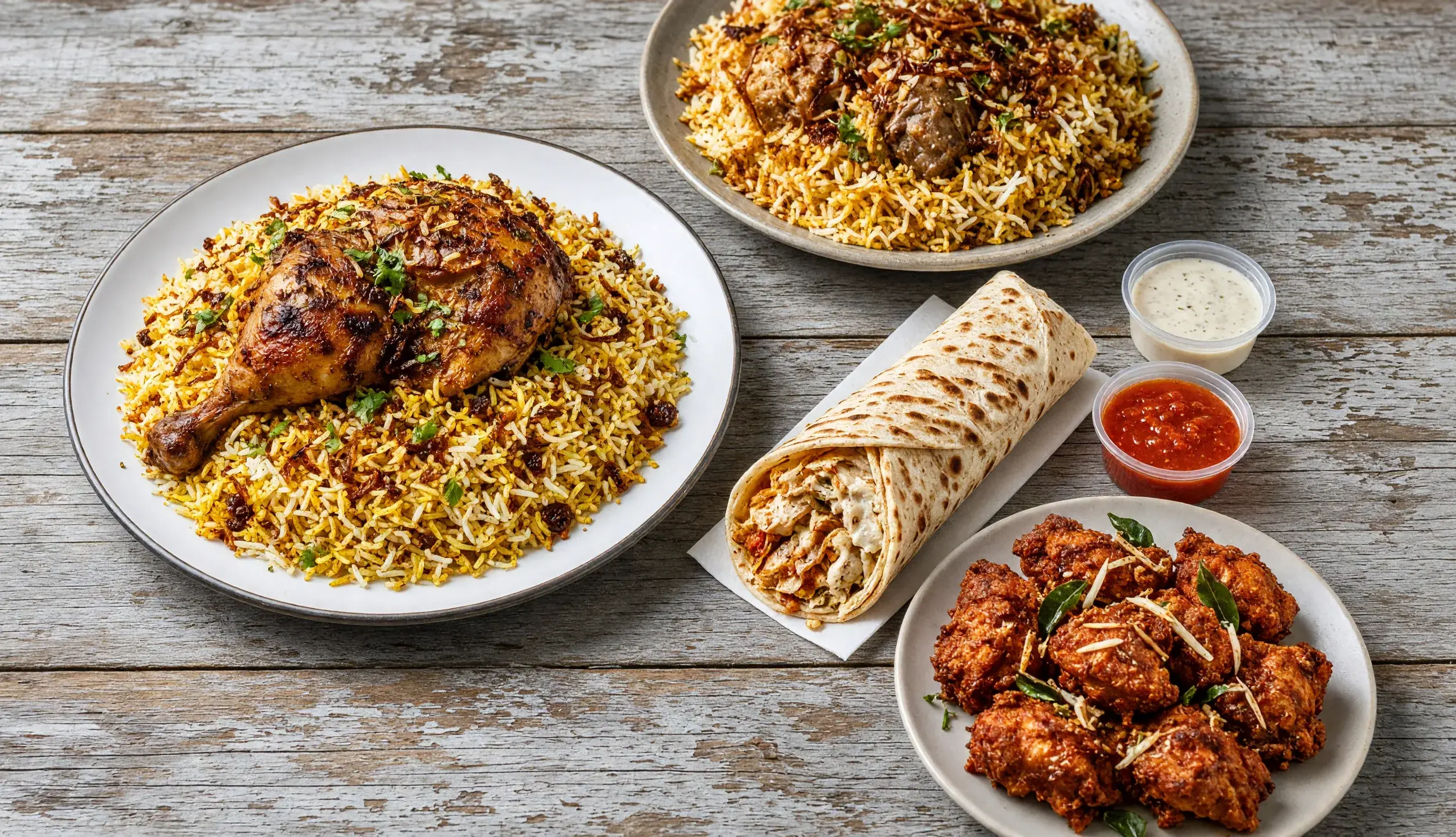 A Kerala and Arabic takeout spread with sauces on a wooden table