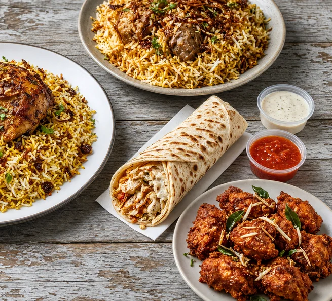 A Kerala and Arabic takeout spread with sauces on a wooden table